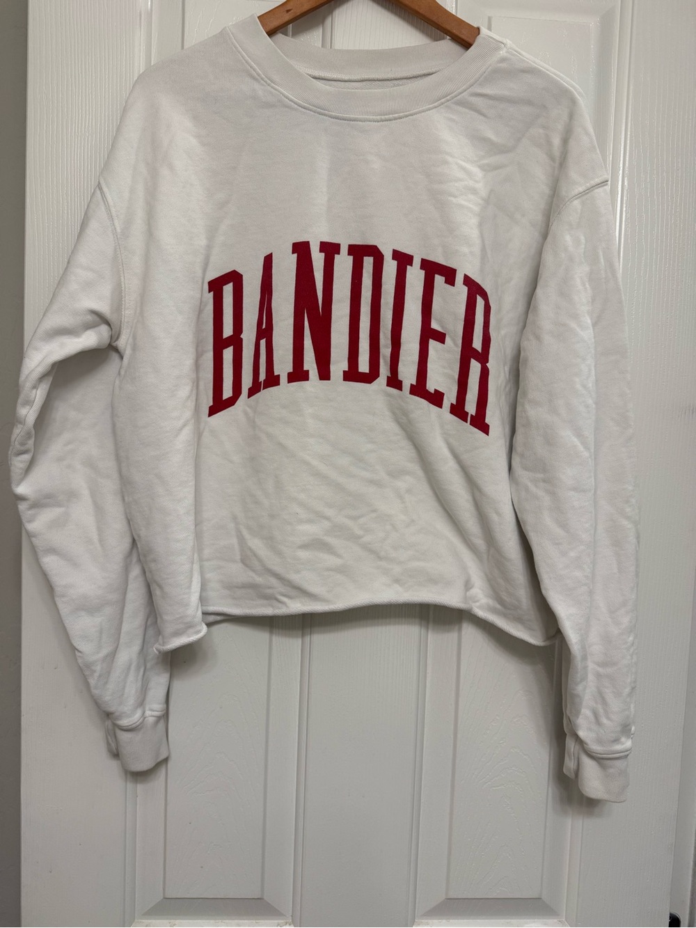 Bandier White Cropped Varsity Logo Crewneck Sweatshirt Small